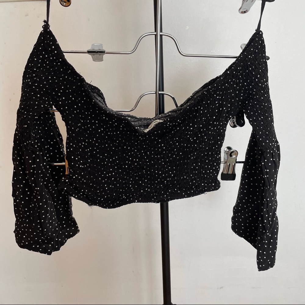 Garage black dot crop top with bell sleeves
